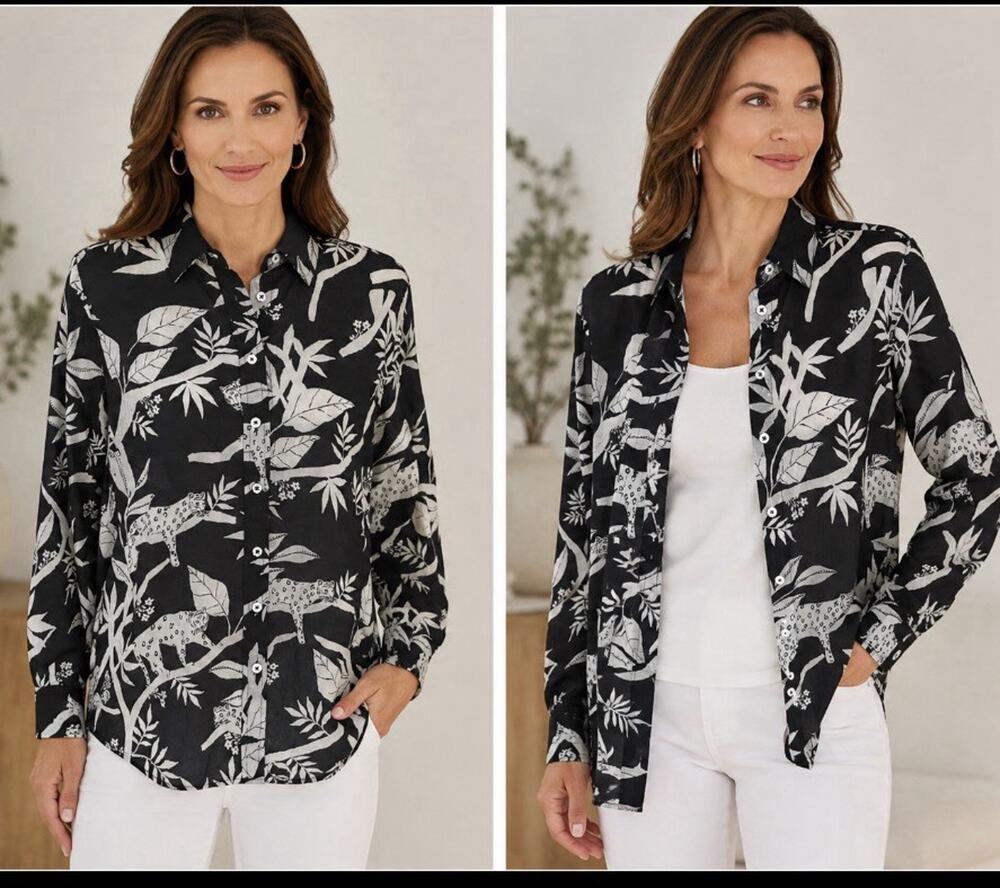 Talbots Size MP Cotton Button Shirt Tropical Panther Black White Collared